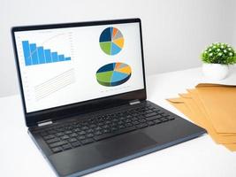 Laptop charts graphs business at screen with document on the table copy space photo