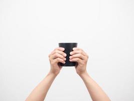 Man hand show coffee cup in hand isolated photo