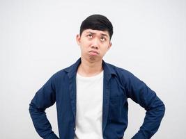 Asian man sad emotion depressed at his face on white background,Sad man portrait looking up concept photo