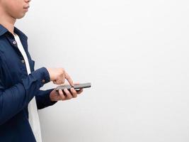 Man holding smartphone and touch screen for shopping with copy space side view photo