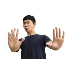Young Asian man black shirt show two hand five finger up stop shock at face crop half body white isolated background concept photo