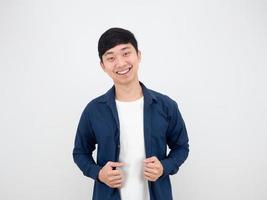 Asian man cheerful and happy smile look at camera on white background photo