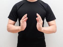 Man two hand up at body space center on white background photo