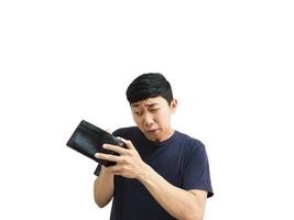 Portrait young Asian man excited to finding money in his wallet black color white isolate background photo