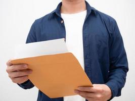 Man open envelope document and reading paper crop shot photo