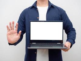 Man holding laptop white screen copy space show hamd stop crop shot photo