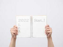 Hand showing blank page diary with 2022 and start message check list photo