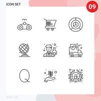 Mobile Interface Outline Set of 9 Pictograms of man scientist delivery globe earth Editable Vector Design Elements