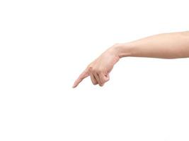 Left hand point finger down white isolated photo