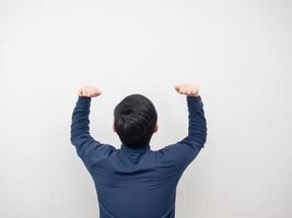 Man turn back gesture carry something white background photo