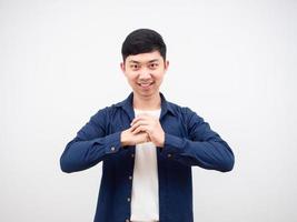 Asian man bump fist with confident face looking at camera on white background,Confident man concept photo