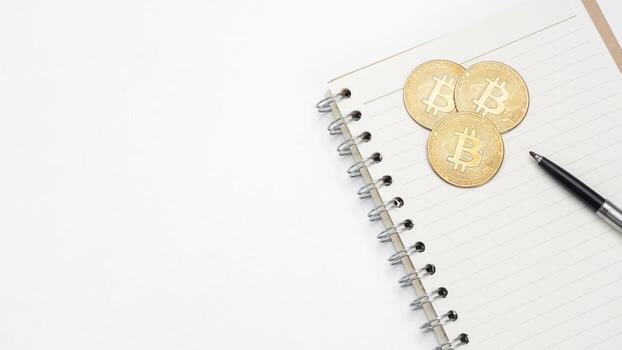 bitcoin con bolígrafo en un cuaderno de página en blanco en el espacio de copia de la vista superior de la mesa foto