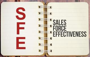 Concept image of Accounting Business Acronym SFE Sales Force Effectiveness written on white notebook photo