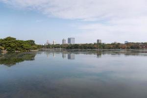 view of city town skyline over the pond lake natural view under daytime in japan, big city with natural lake public photo