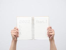 Man hand holding diary blank page isolated photo