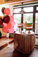 birthday exitic catering, table with modern desserts, cupcakes, sweets with flamingo. delicious candy bar at expensive birthday party. space for text. baby shower. holiday celebration photo