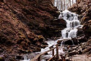 Cascading down a small mountain stream, the water runs over basalt boulders. A small waterfall runs through the moss. photo