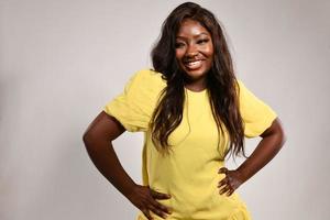 Happy Dark Skinned Woman in Yellow Fashion Dress. Beauty Afro American Model posing in studio isolated on gray background photo