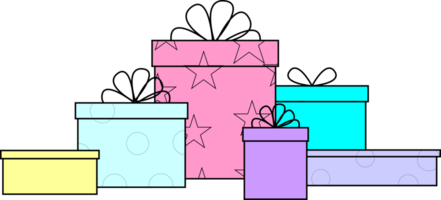 simple graphic drawing of multicolored gift boxes with black outline in different sizes, isolated element png