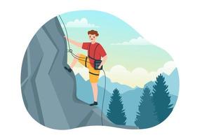 ilustración de escalada de acantilados con escalador escalar pared de roca o acantilados de montaña y deporte de actividad extrema en plantilla dibujada a mano de dibujos animados planos vector