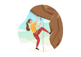 Cliff Climbing Illustration with Climber Climb Rock Wall or Mountain Cliffs and Extreme Activity Sport in Flat Cartoon Hand Drawn Template vector