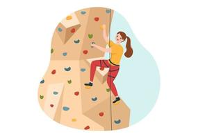 Cliff Climbing Illustration with Climber Climb Rock Wall or Mountain Cliffs and Extreme Activity Sport in Flat Cartoon Hand Drawn Template vector