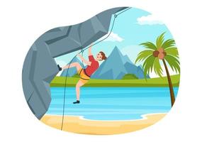 Cliff Climbing Illustration with Climber Climb Rock Wall or Mountain Cliffs and Extreme Activity Sport in Flat Cartoon Hand Drawn Template vector