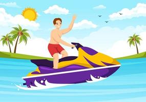 People Ride Jet Ski Illustration Summer Vacation Recreation, Extreme Water Sports and Resort Beach Activity in Hand Drawn Flat Cartoon Template vector