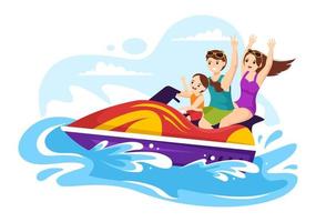 Kids Ride Jet Ski Illustration Summer Vacation Recreation, Extreme Water Sports and Resort Beach Activity in Hand Drawn Flat Cartoon Template