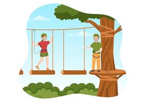 Zip Line Illustration with Visitors Walking on an Obstacle Course and Outdoor Rope Adventure Park in Forest in Flat Cartoon Hand Drawn Templates vector