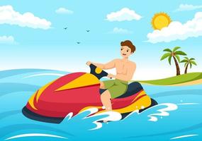 la gente viaja en moto acuática ilustración recreación de vacaciones de verano, deportes acuáticos extremos y actividad en la playa del resort en plantilla de caricatura plana dibujada a mano vector