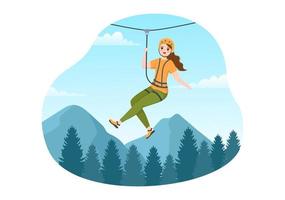 Zip Line Illustration with Visitors Walking on an Obstacle Course and Outdoor Rope Adventure Park in Forest in Flat Cartoon Hand Drawn Templates vector