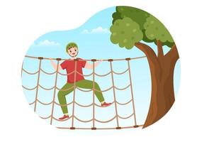 ilustración de tirolesa con visitantes caminando en una carrera de obstáculos y parque de aventuras de cuerdas al aire libre en el bosque en plantillas planas dibujadas a mano de dibujos animados vector