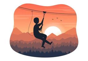 Zip Line Illustration with Visitors Walking on an Obstacle Course and Outdoor Rope Adventure Park in Forest in Flat Cartoon Hand Drawn Templates vector