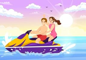 la gente viaja en moto acuática ilustración recreación de vacaciones de verano, deportes acuáticos extremos y actividad en la playa del resort en plantilla de caricatura plana dibujada a mano vector
