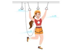 Zip Line Illustration with Visitors Walking on an Obstacle Course and Outdoor Rope Adventure Park in Forest in Flat Cartoon Hand Drawn Templates vector