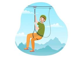 Zip Line Illustration with Visitors Walking on an Obstacle Course and Outdoor Rope Adventure Park in Forest in Flat Cartoon Hand Drawn Templates vector