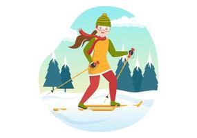 ilustración de esquí con esquiadores deslizándose cerca de la montaña yendo cuesta abajo en la estación de esquí en actividades deportivas de invierno planas plantillas dibujadas a mano de dibujos animados vector