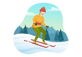 Ski Illustration with Skiers Sliding Near Mountain Going Downhill in Skiing Resort in Flat Winter Sport Activities Cartoon Hand Drawn Templates vector