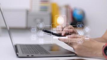 Fingerprint scanning and biometric authentication, processing of biometric for access personal data. surveillance and security scanning of digital programs cyber futuristic applications photo