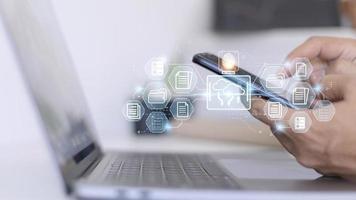 Fingerprint scanning and biometric authentication. system for document management DMS. software that automates the archiving and management of data files. concept of Internet technology. photo