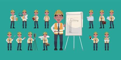 Set of flat engineer with different poses vector
