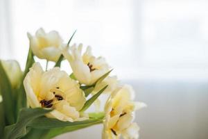 hermoso ramo de tulipanes amarillos en un jarrón en el alféizar de la ventana en casa, fondo natural foto