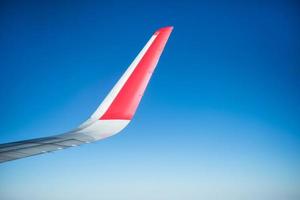 Wing of an airplane flying in the sky photo