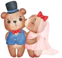 Cute sweet wedding love bride and groom teddy bear cartoon character watercolour png