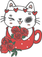 kawaii happy Valentine white kitten cat in mug with rose flowers cartoon doodle png