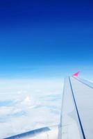 Wing of an airplane flying in the sky photo