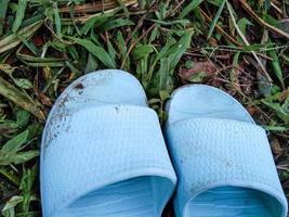 light blue rubber sandals exposed to mud on the green grass photo