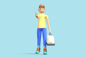 3d illustration young backpacker man character going on a trip with a white bag. 3d rendering photo