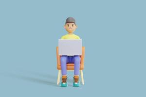 Personaje masculino de ilustración 3d trabajando en una laptop mientras está sentado en una silla. representación 3d foto